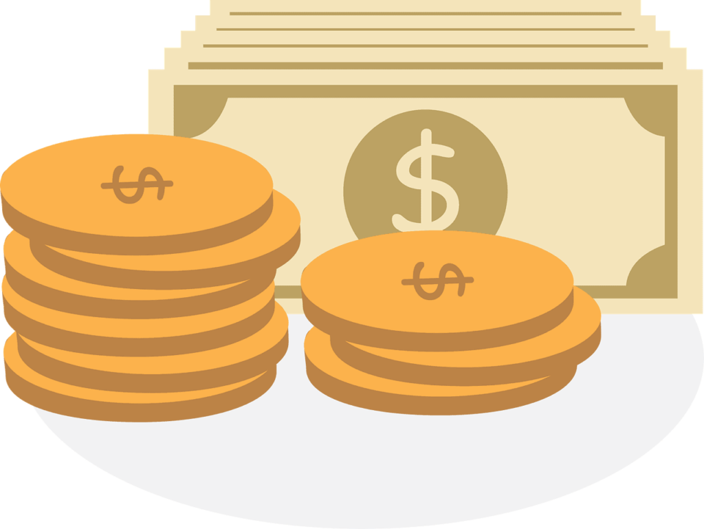 Graphic of a stack of dollar bills behind two stacks of coins.