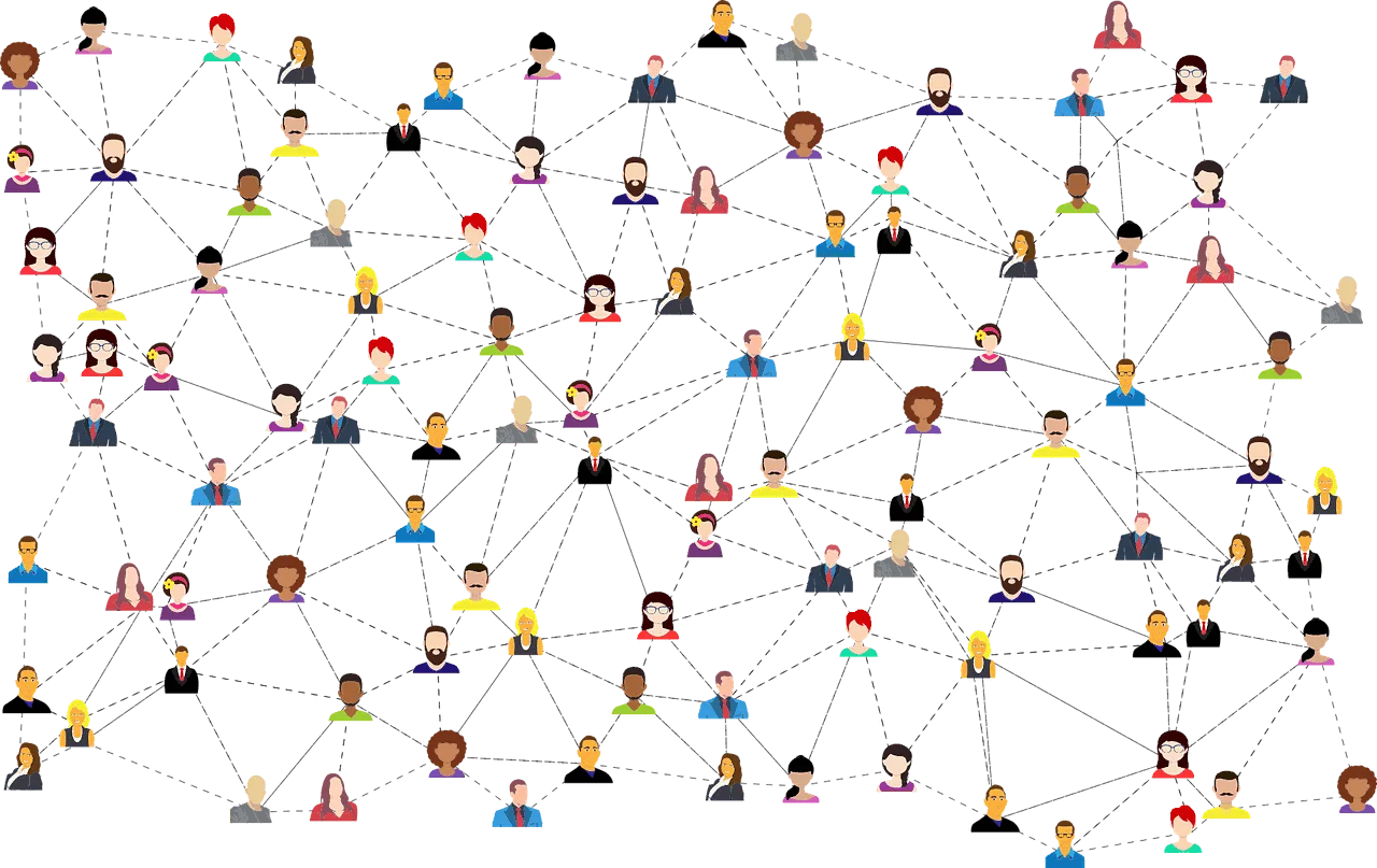 a web of people and dots connecting them to show a network