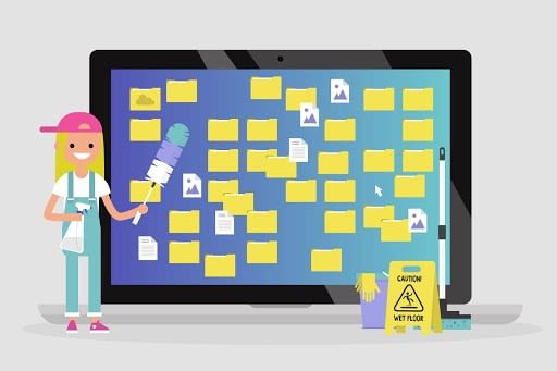 Naming conventions best practices. 1 Graphic of a woman in front of a computer screen, metaphorically "cleaning" it.