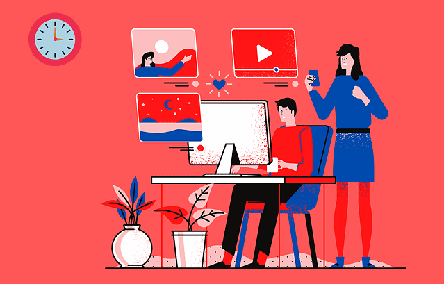 Graphic of two people at a home office with red and blue color tones.