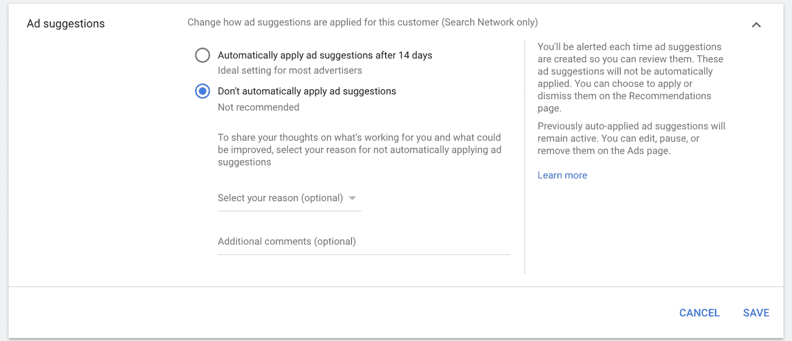 google ads auto applied ad suggestions settings