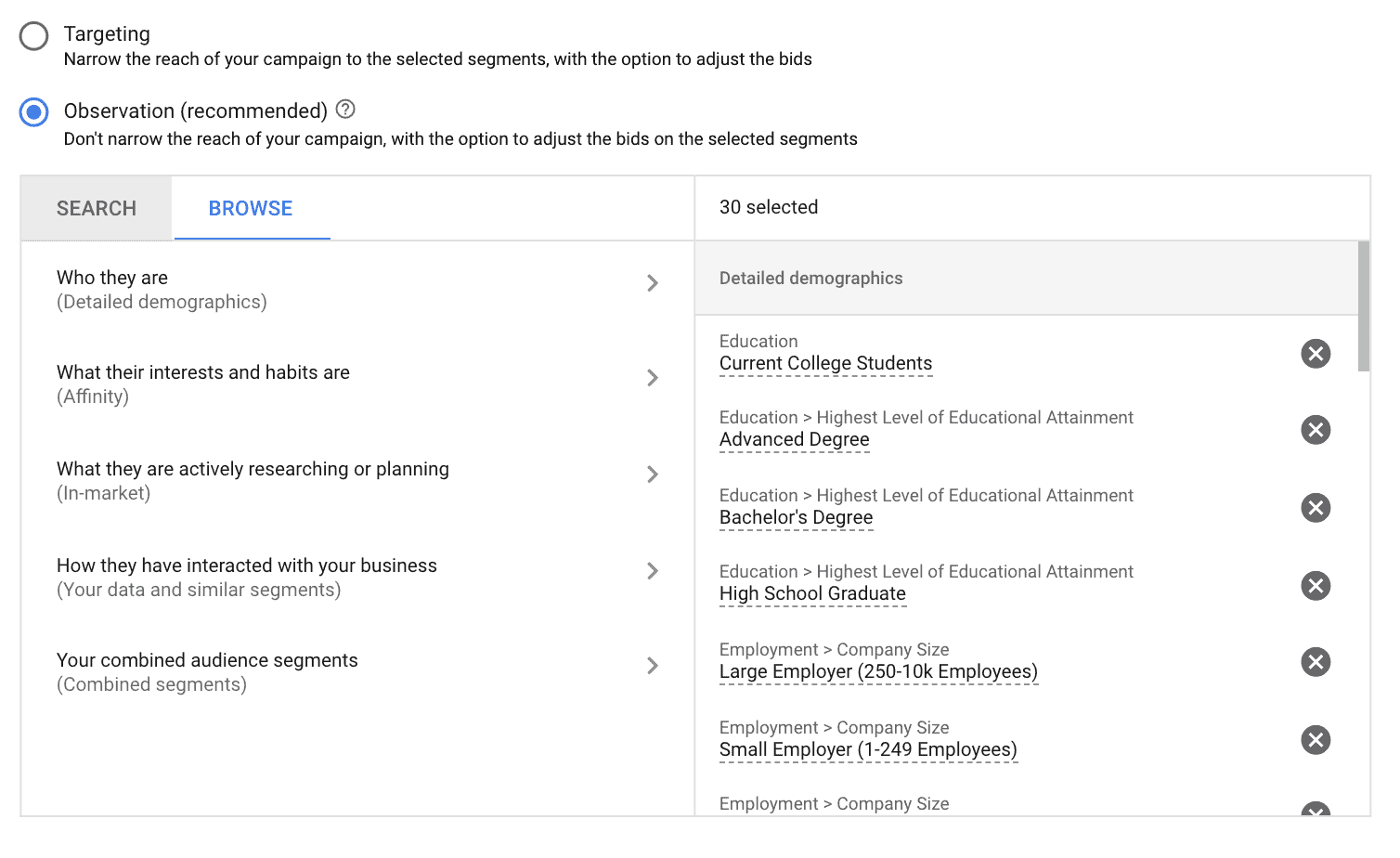 google ads observation audiences settings