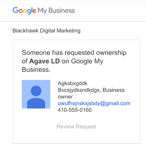 Beware! Google Business Profile hijacking scams. 1 Screenshot of an example of a Google Business Profile hijacking scam.