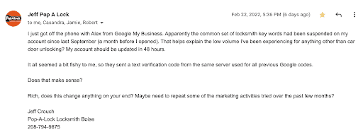 Screenshot of an email asking about a Google Business Profile scam.