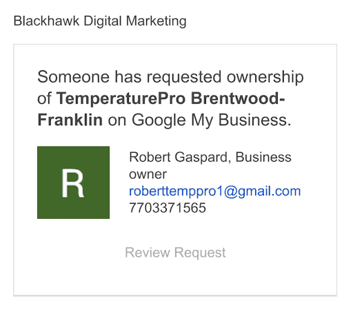 Screenshot of an example of a Google Business Profile hijacking scam.