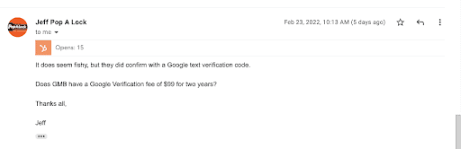 Screenshot of an email asking about a Google Business Profile scam.
