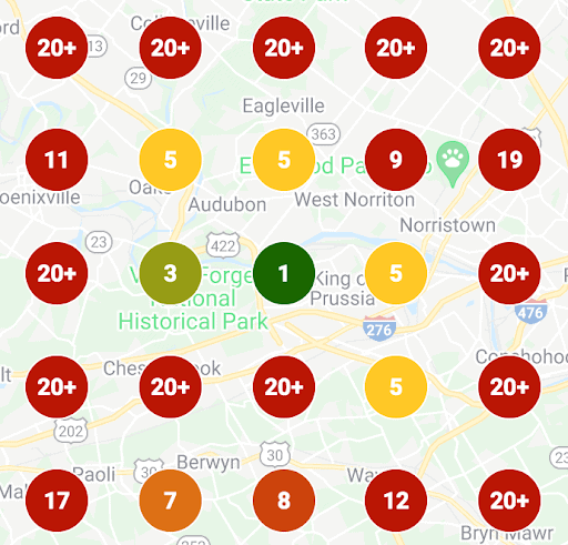 Google Business Profile vicinity update: what you need to know. 2 Local Falcon scan showing the performance of a Google Business Profile.