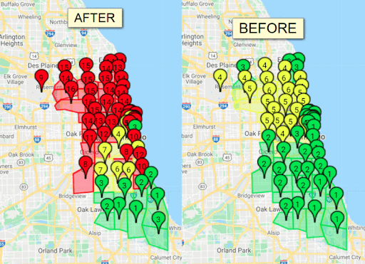 Two maps of Chicago, Illinois showcasing the performance improvement of a Google Business Profile.