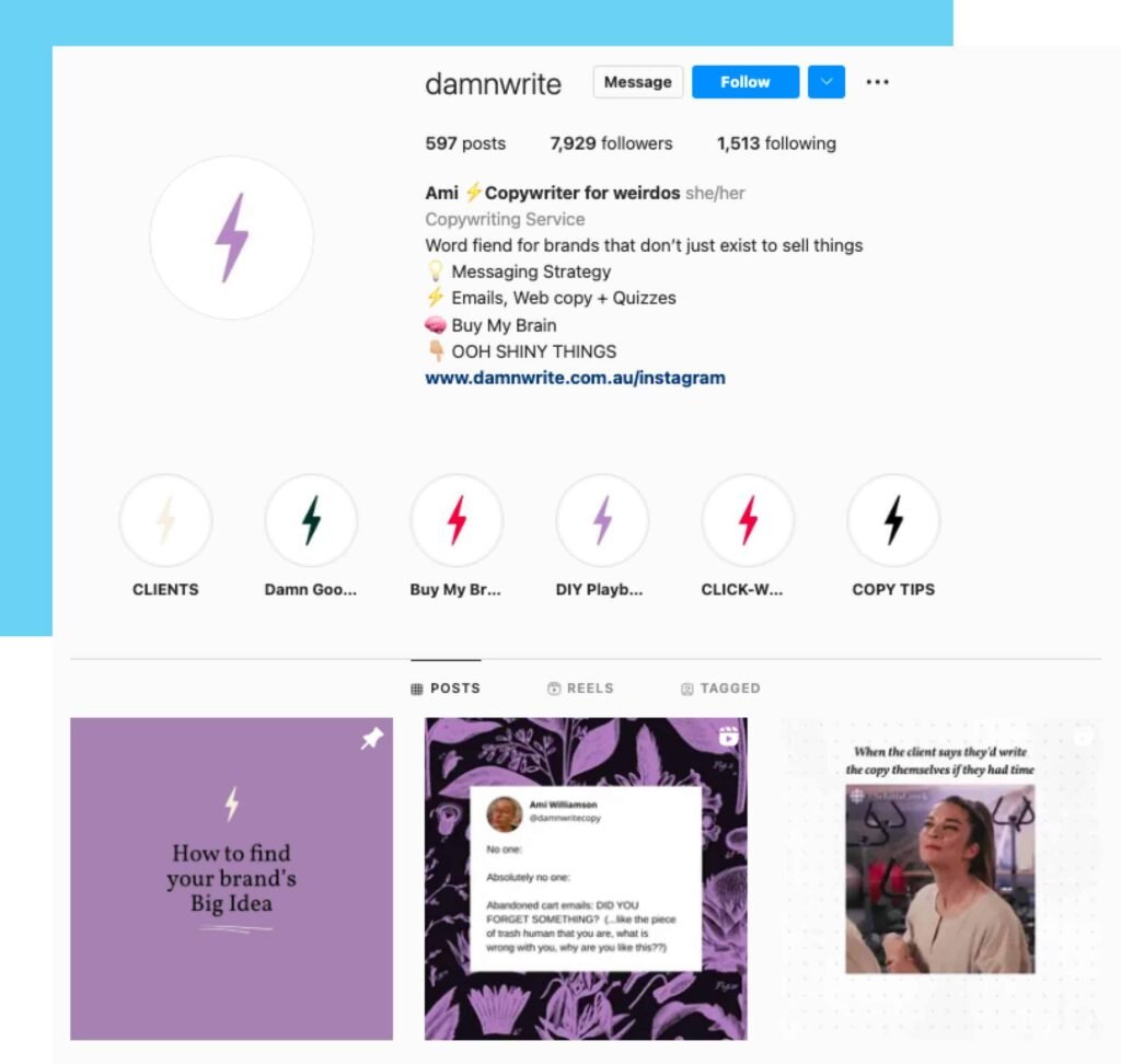 screenshot of copywriting instagram account damn write