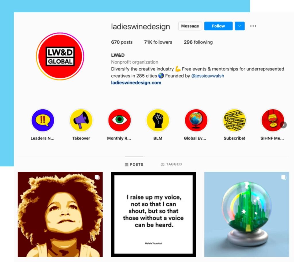screenshot of ladies, wine, and design nonprofit instagram account