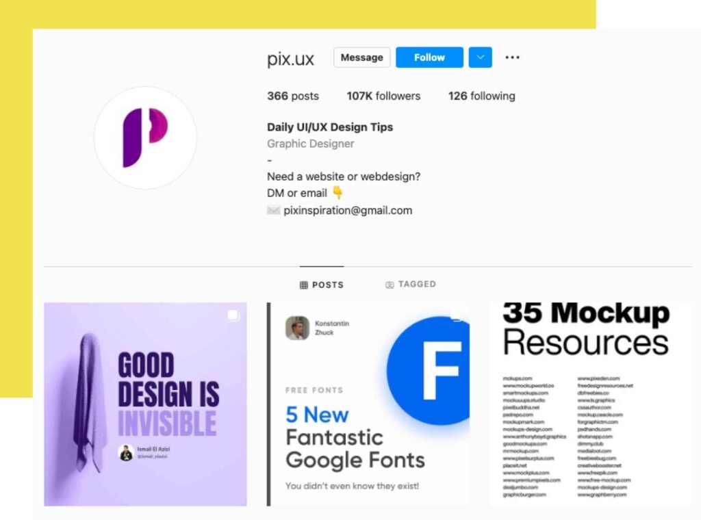 screenshot of instagram account pix.ux, a ux / ui design resource