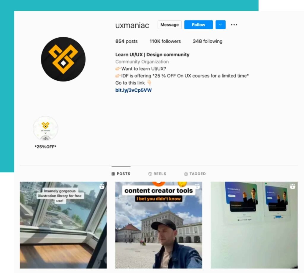 screenshot of instagram account UX maniac