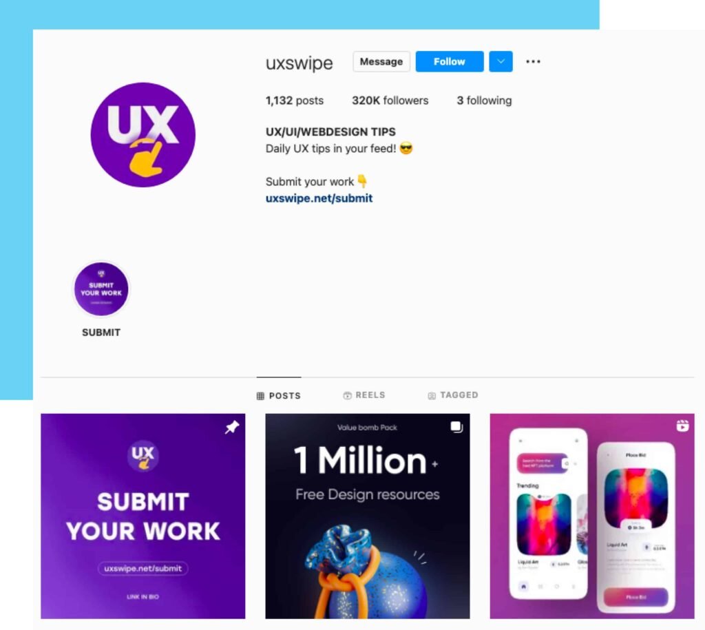screenshot of instagram account UX swipe, resource for UX and UI best practices