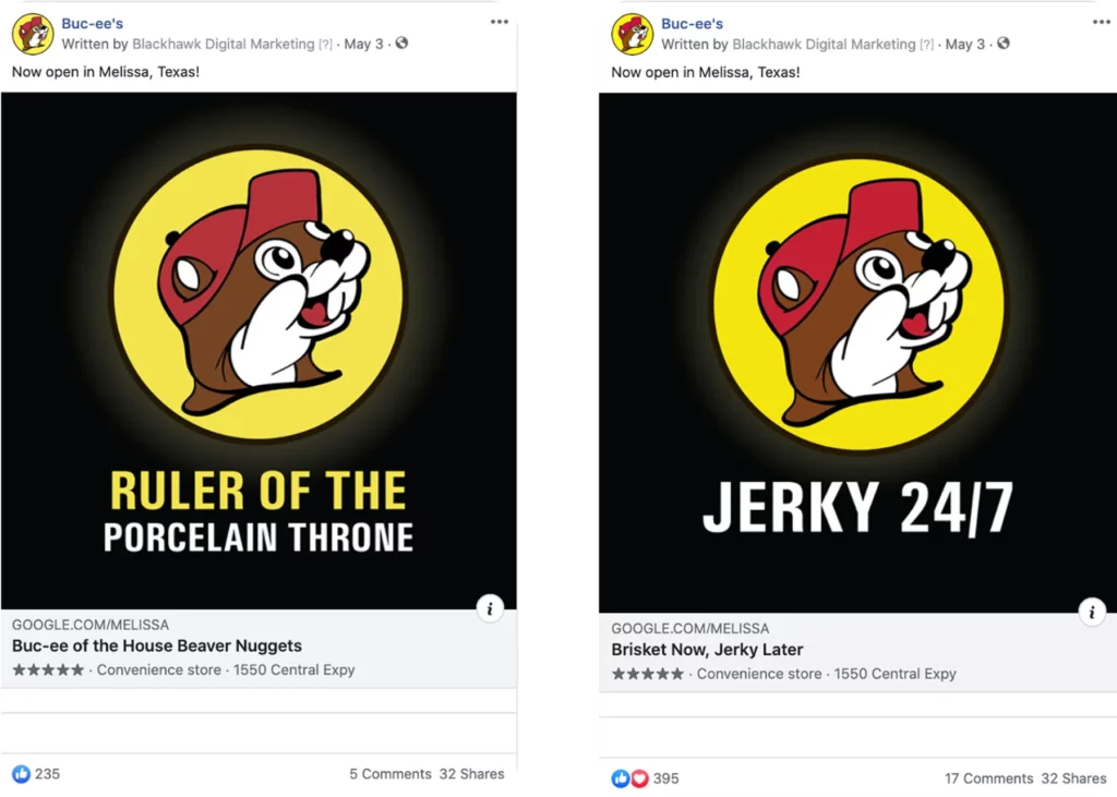 Facebook ad for Buc-ee's, created by Blackhawk.