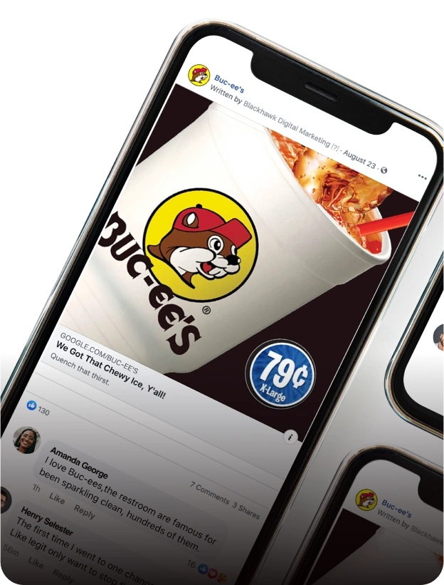 Mobile device with a Facebook ad for Buc-ee's pulled up on the screen.