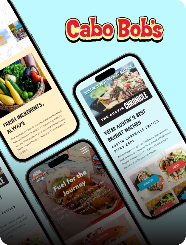 Cabo Bob's logo next to several mobile devices with the website pulled up.