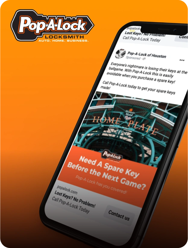 Pop-A-Lock logo next to a mobile device showing a Facebook ad for the company.