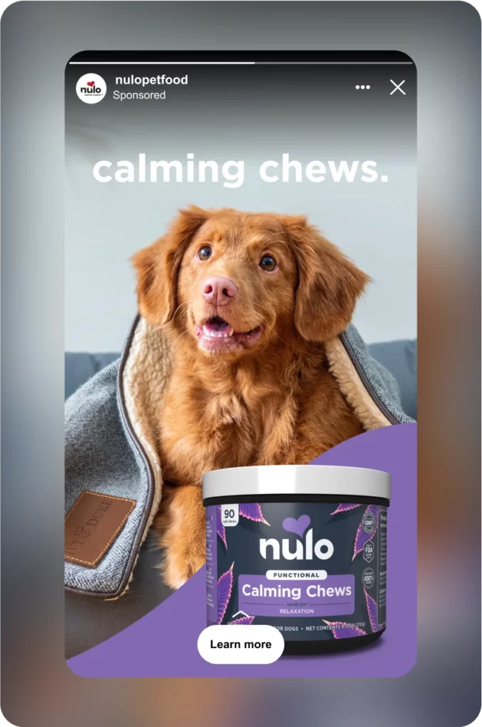 Screenshot of an Instagram ad for Nulo Pet Food.