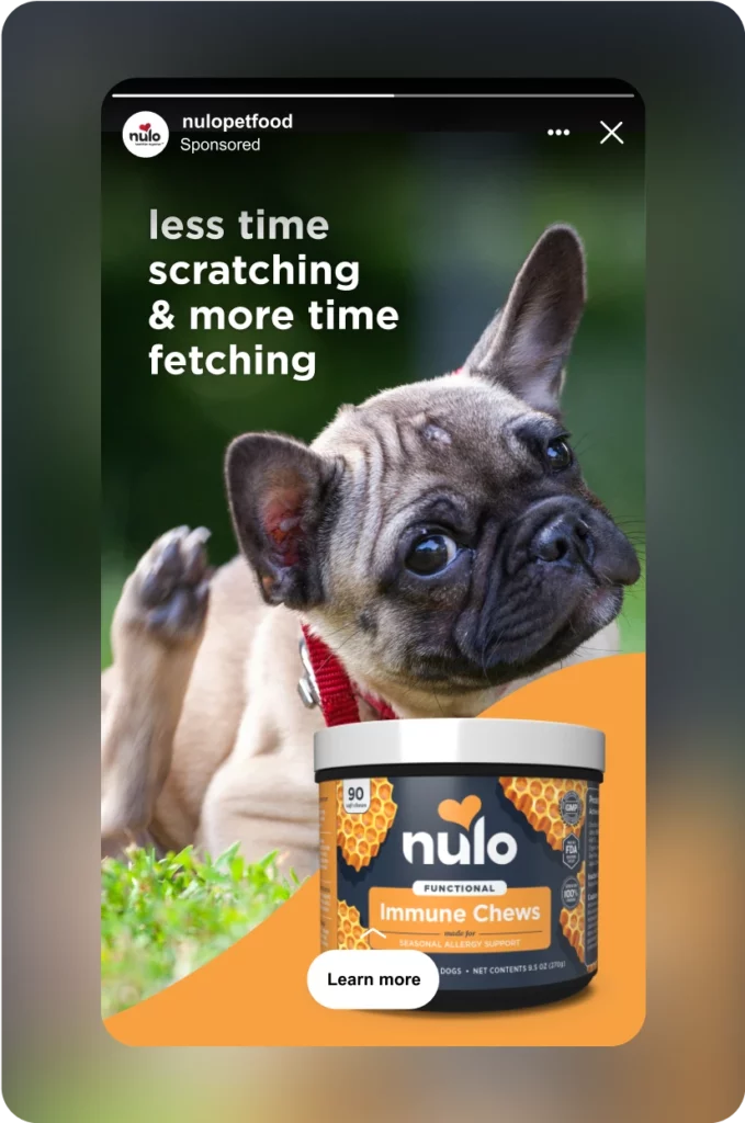 Screenshot of an Instagram ad for Nulo Pet Food.