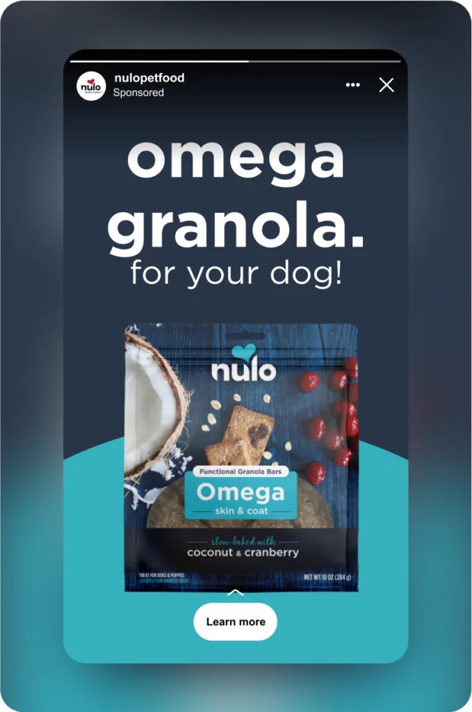 Screenshot of an Instagram ad for Nulo Pet Food.