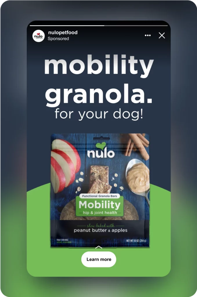 Screenshot of an Instagram ad for Nulo Pet Food.
