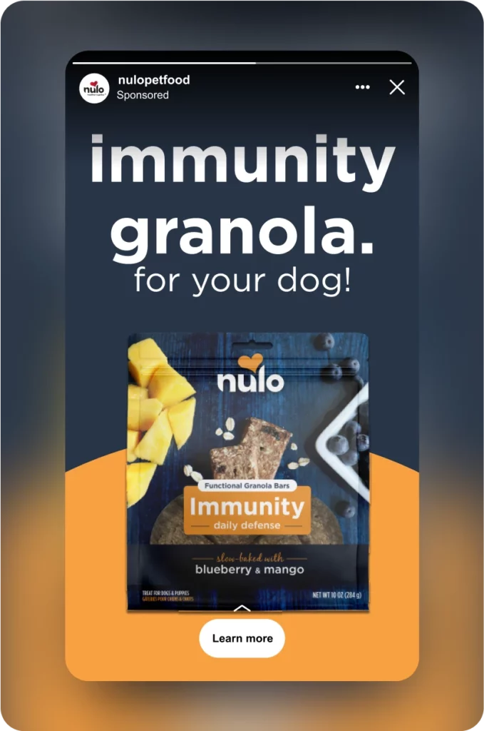 Screenshot of an Instagram ad for Nulo Pet Food.