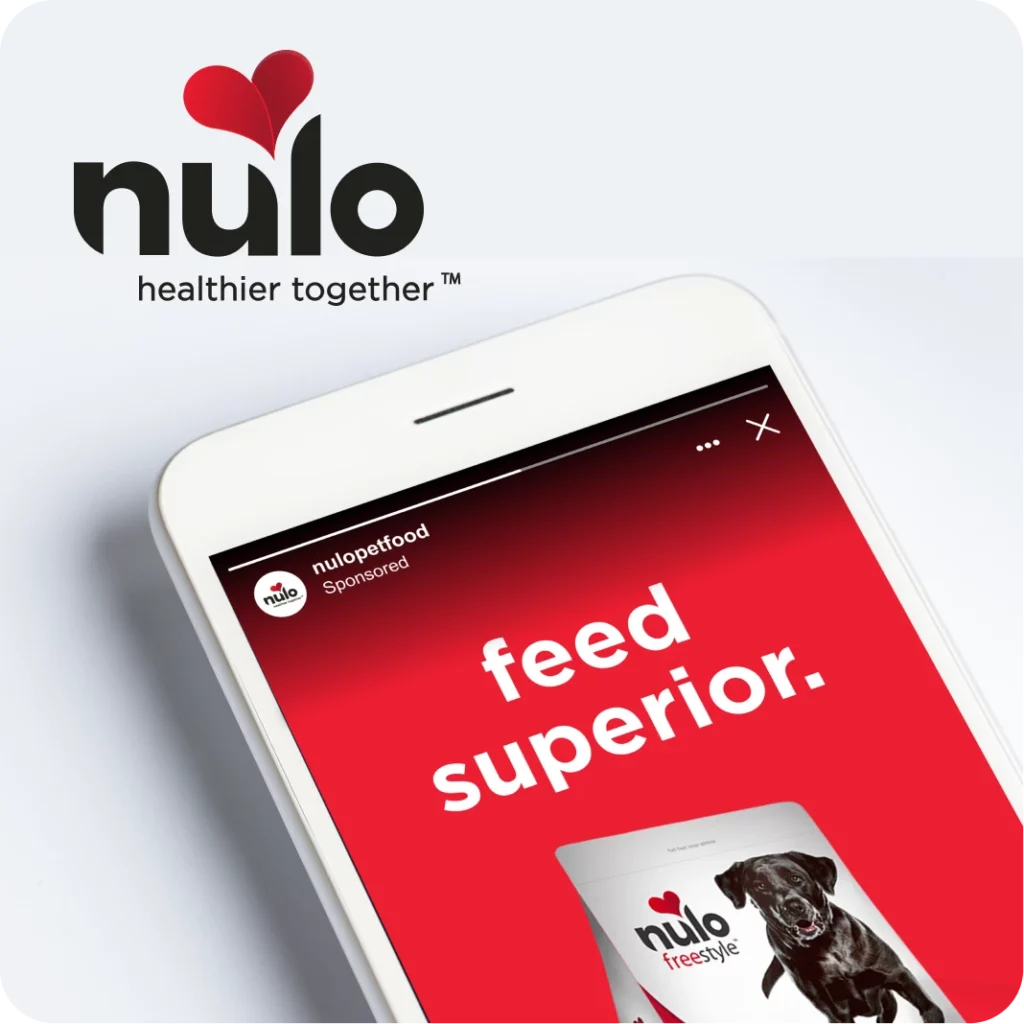 Nulo Pet Food logo next to a mobile device showing a social media ad for the company.