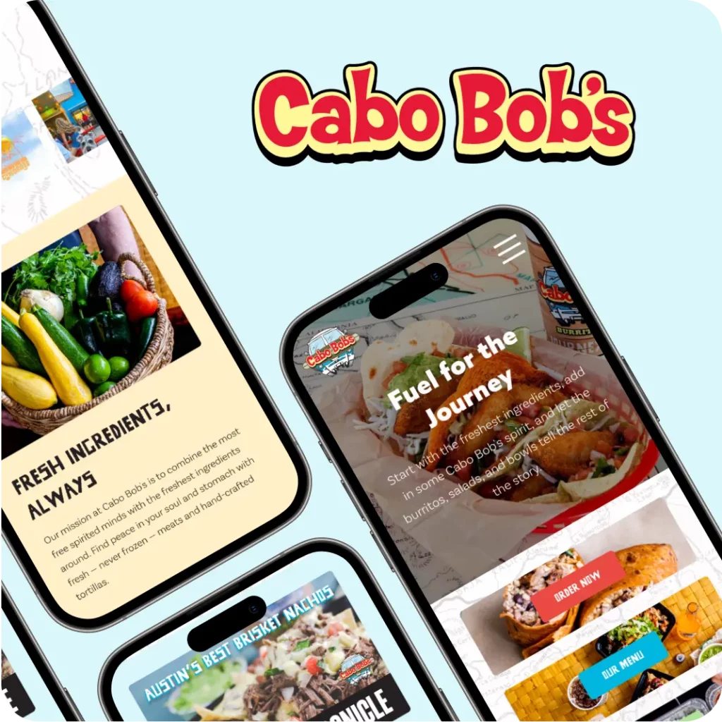 Three mobile views of Cabo Bob's website, designed and built by Blackhawk.