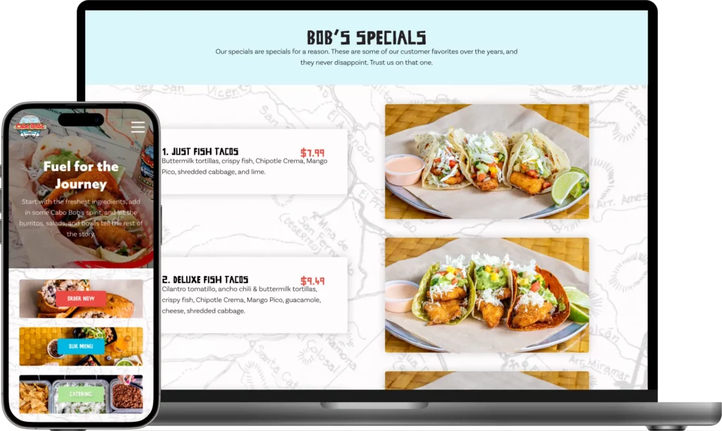 A mobile and desktop view of Cabo Bob's website.