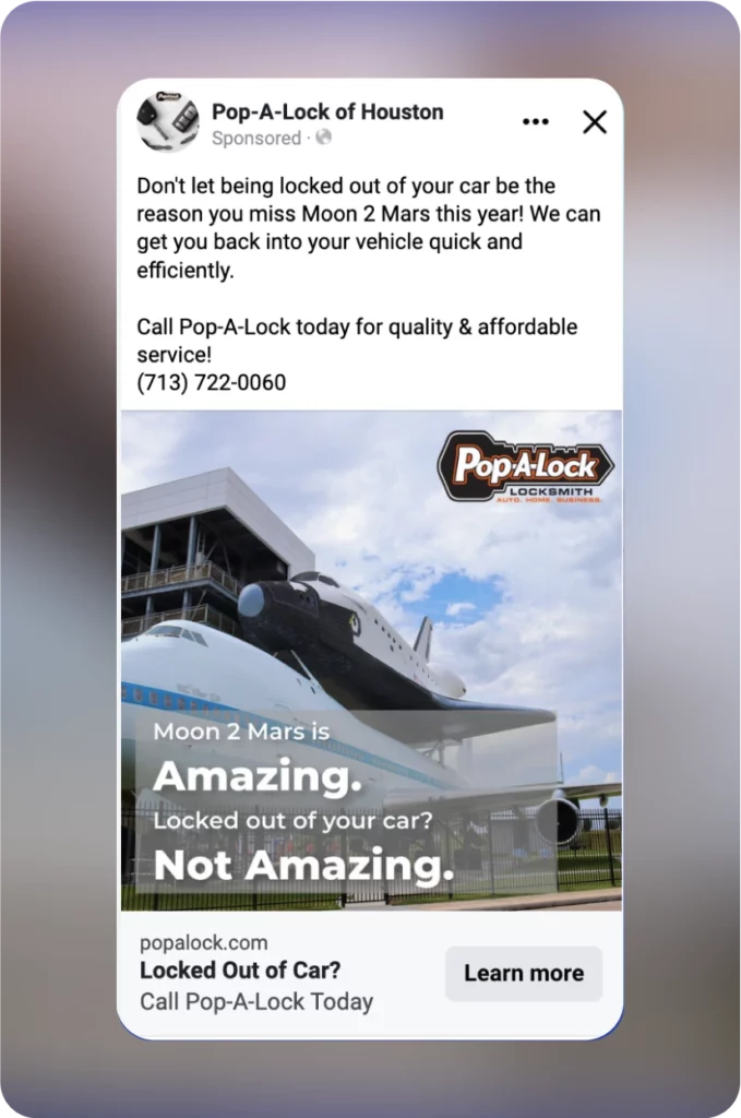 Facebook ad for Pop-A-Lock of Houston, created by Blackhawk.