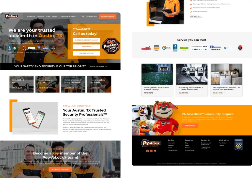 Two desktop views of Pop-A-Lock's website, designed and built by Blackhawk.