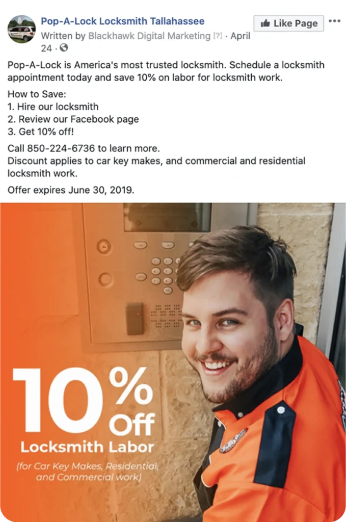 Screenshot of a Pop-A-Lock Tallahassee Facebook ad.