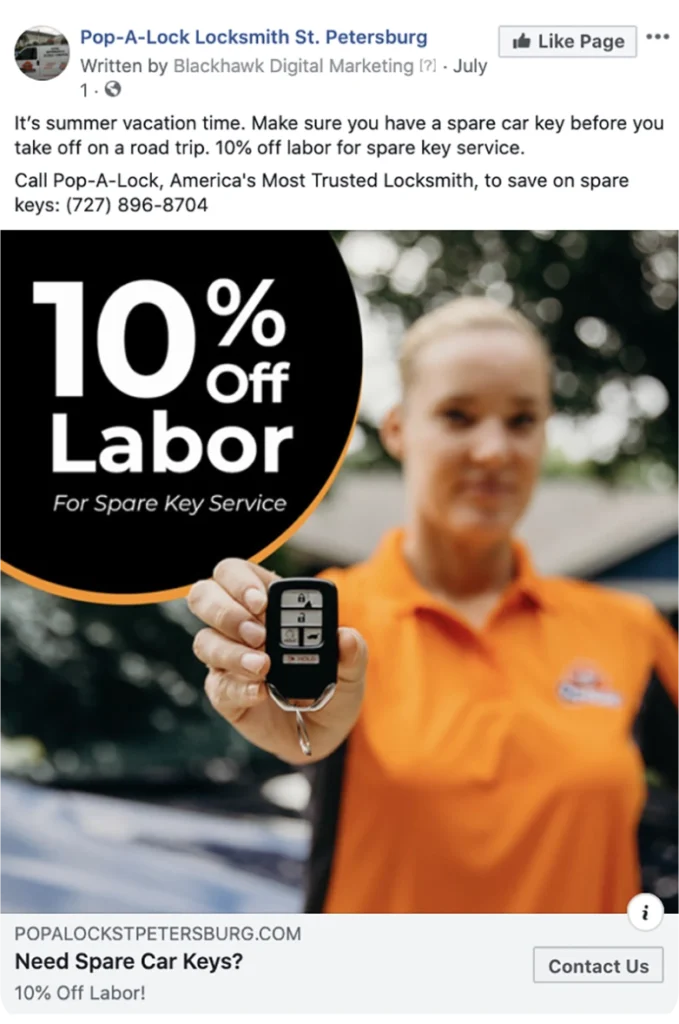 Screenshot of a Pop-A-Lock St. Petersburg Facebook ad.