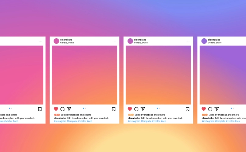 Series of Instagram post frames overlayed on a pink, purple, and yellow gradient.