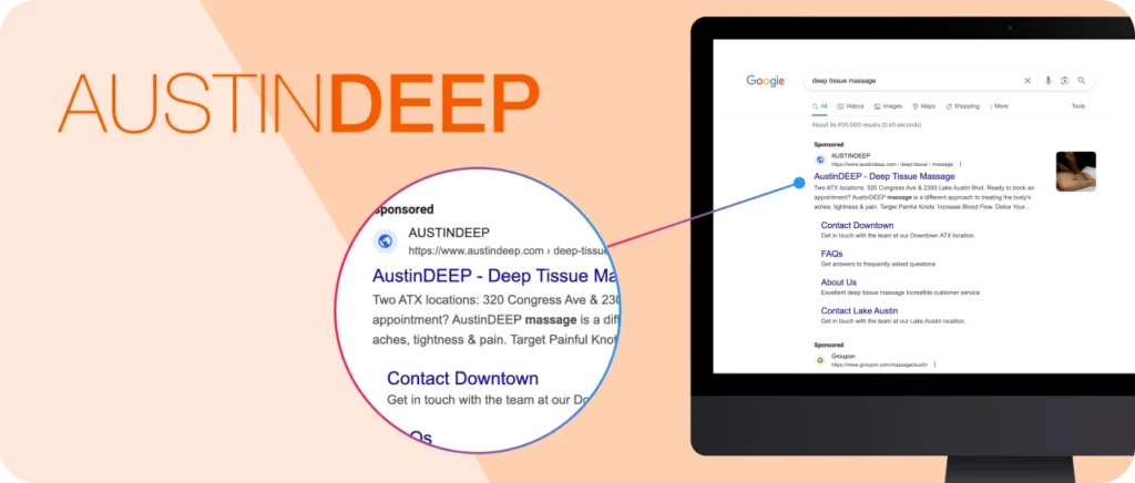Sponsored results for AUSTINDEEP, a massage company, on a Google SERP.