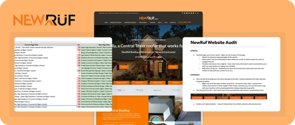 SEO Agency 1 Spreadsheet and slide deck with SEO audit info for NewRüf, a Blackhawk SEO client.