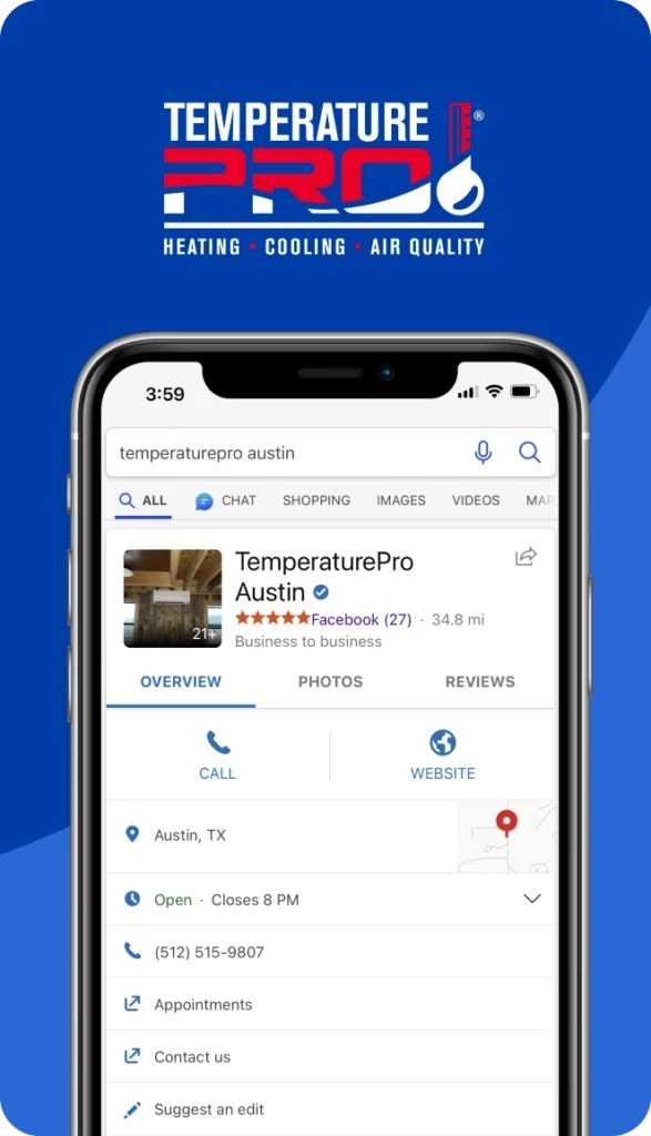 Mobile view of TemperaturePro Austin's Google Business Profile.