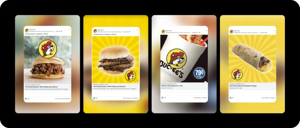 Four Facebook ads for Buc-ee's shown on mobile devices.