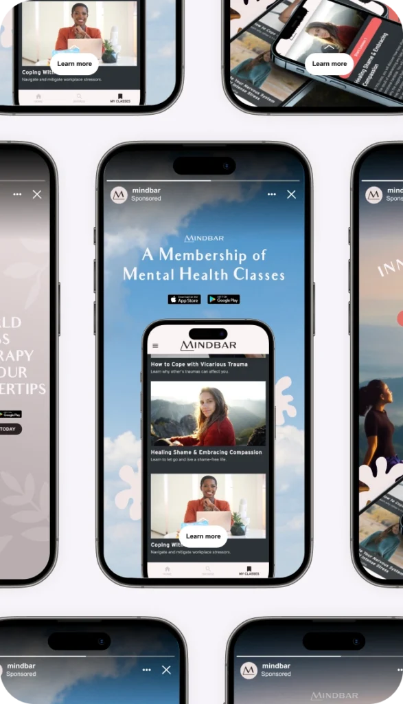 Several mobile devices with Instagram ads for Mindbar.