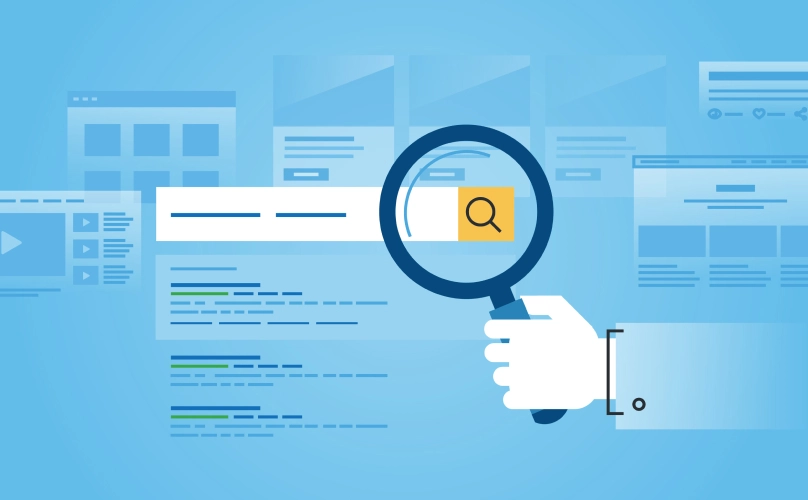 Graphic of a hand holding a magnifying glass hovering over a search bar.