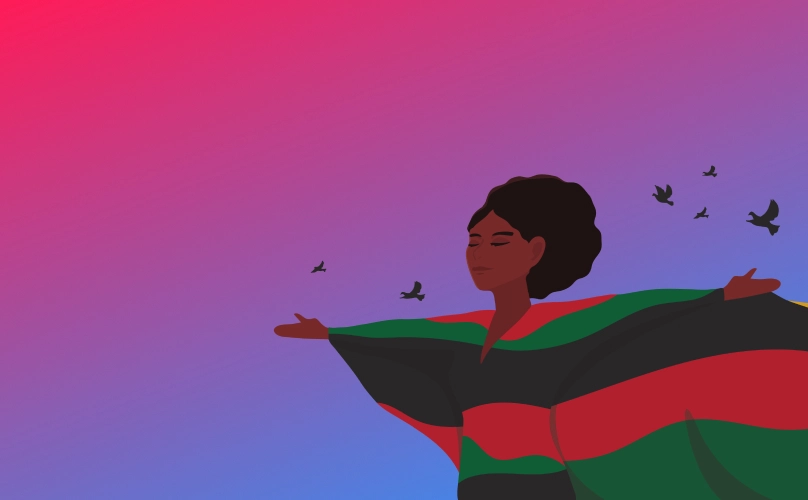 Graphic of a woman with her arms spread out on a blue and pink gradient background.