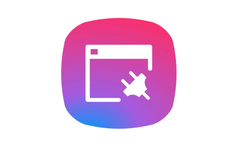White icon of a plug and a browser window on a pink and blue gradient.