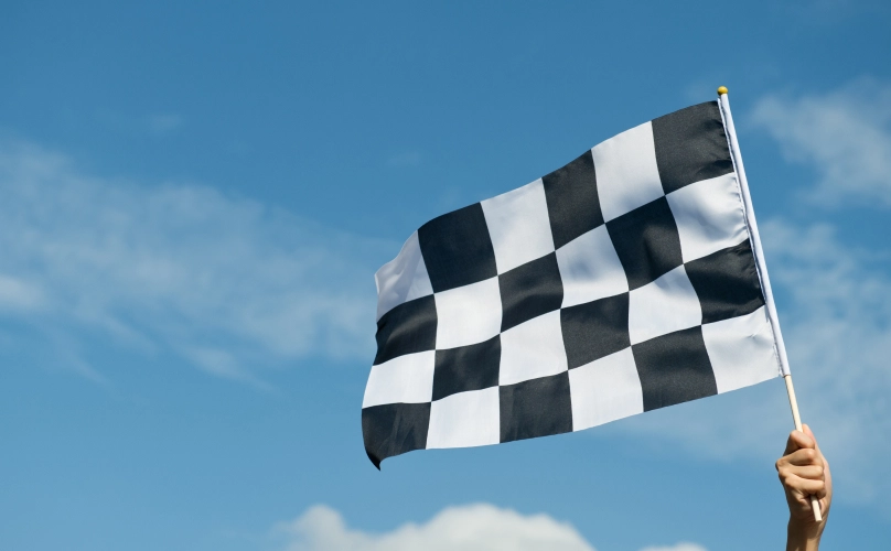 Hand holding up a checkered flag.