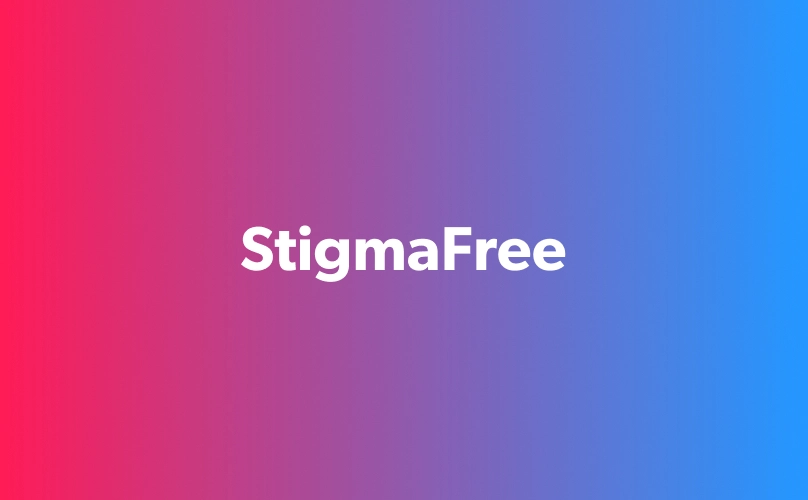 Blue to pink gradient with text "StigmaFree" over the background.