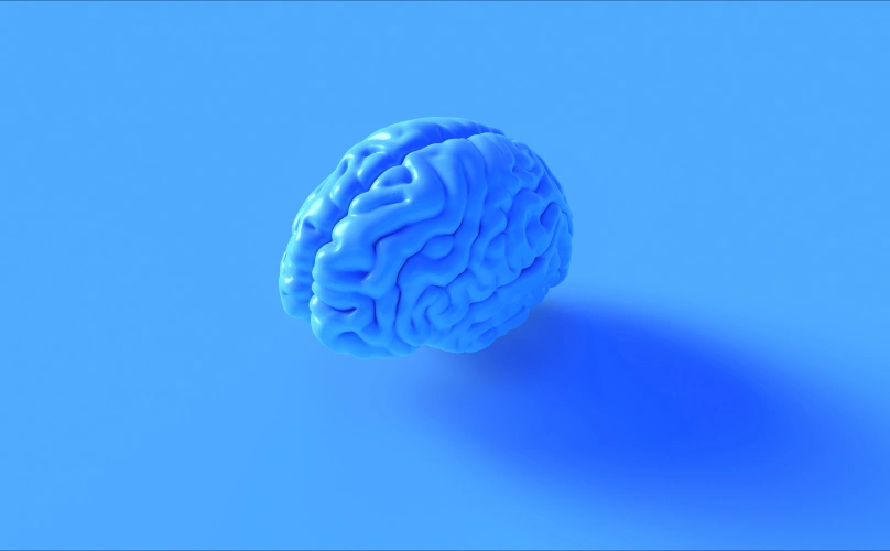 3D graphic of a brain on a blue background.