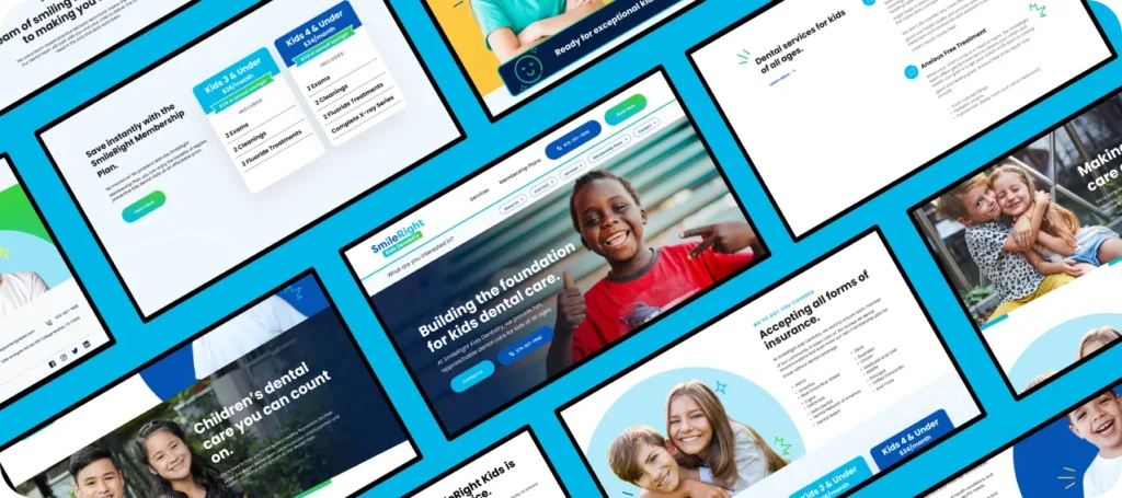 Graphic showcasing pages on a kids dentistry website designed by Blackhawk.