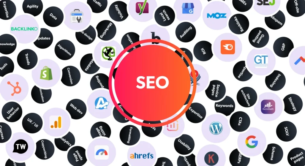 Word cloud graphic showing SEO tools and concepts used by SEO experts.