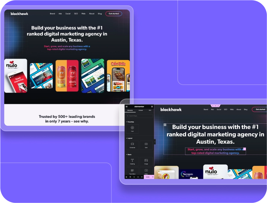 View of a live webpage, as well as the backend of Elementor, a page builder.
