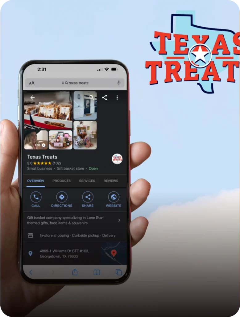 Hand holding a mobile device with Texas Treats' GBP pulled up.