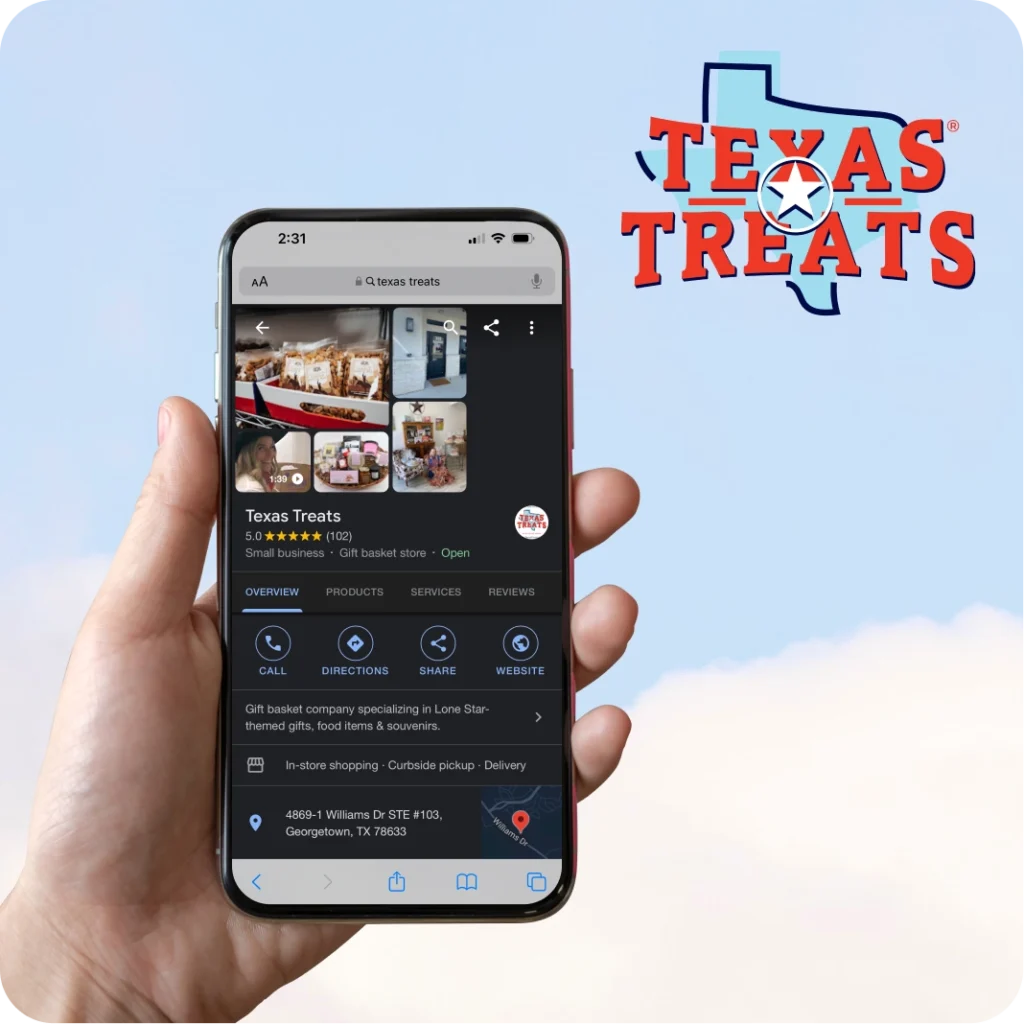 Texas Treats 1 Hand holding a mobile device with Texas Treats' GBP pulled up.